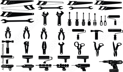 Comprehensive Black Hand Tools Silhouettes Collection Including Saws Wrenches Screwdrivers Pliers Hammer Drill Paint Rollers Scissors and Construction Repair Icons Vector Illustration Pack