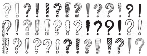 Doodle exclamation mark and question marks set. Hand drawn drawing punctuation symbols, creative ink stroke question exclamation mark icon set.