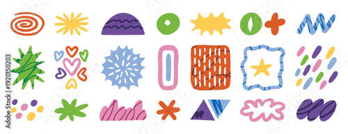 Abstract doodle elements with spirals, plants and wavy lines in naive style. Hand drawn.