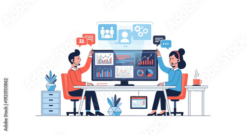 Business professionals analyzing data on a large monitor.