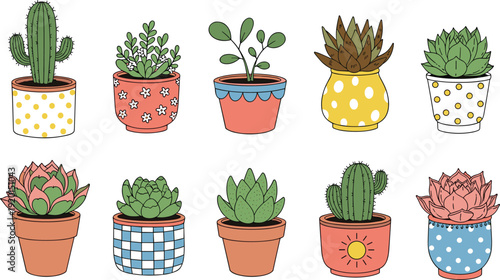 Cute potted succulent and cactus collection hand drawn houseplant vector illustration set for home decor