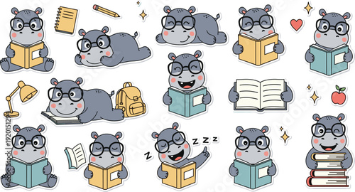 Obraz na płótnie Cute hippo student character set reading books and studying