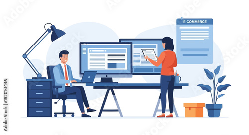 Business professionals collaborating on a project at their desks.