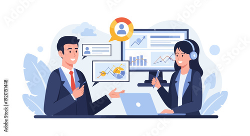 Business professionals collaborating on data analysis and communication.