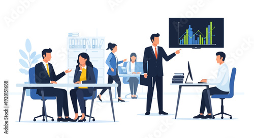 Business professionals in a meeting discussing financial data analysis.