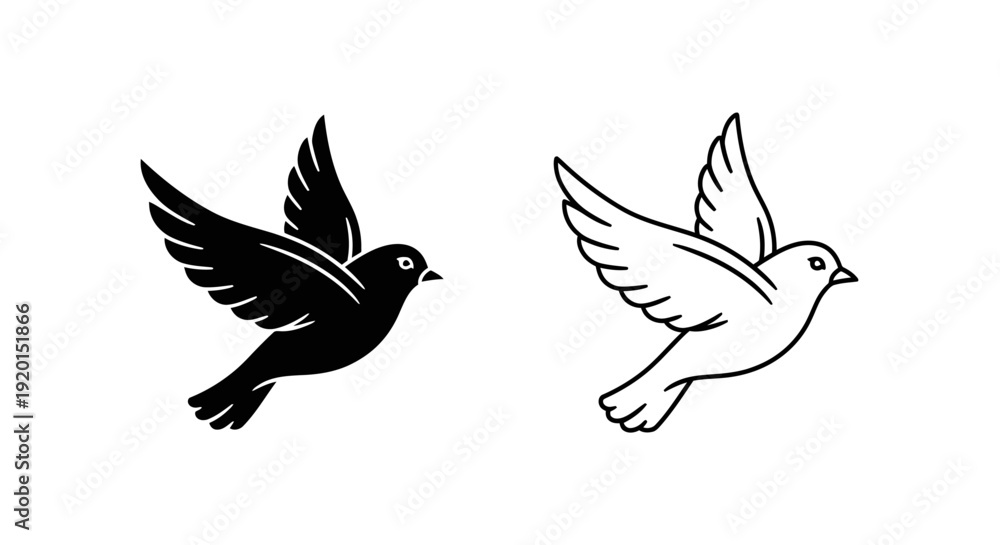 Obraz premium Black and white bird icons, vector illustration of flying birds, minimalist design. Vector