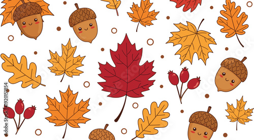 Cute autumn leaves and acorn seamless pattern hand drawn fall season vector illustration background