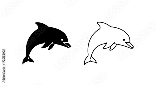 Black and white dolphin illustration vector set of two aquatic animals Vector
