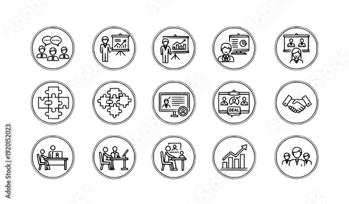 Conference and Teamwork Badge Line Icon Set with Business Seminar and Training Symbols