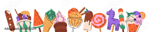 Banner with row of different ice cream: popsicle, gelato, balls of sorbet in waffle cone, sundae. Icecream, frozen dessert for kids in summer. Flat isolated vector illustration on white background
