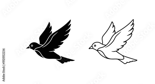 Two birds flying in opposite directions, black and white line art illustration Vector