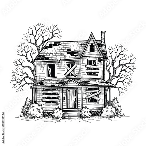 Abandoned House Drawing Halloween Spooky Vibe