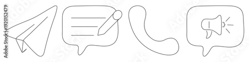 Set of four handdrawn communication icons paper plane, message, phone receiver, and announcement