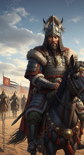 Mighty armored horseman leads troops across arid terrain under a cloudy sky