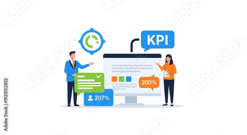 Business people analyzing key performance indicators on a computer screen.