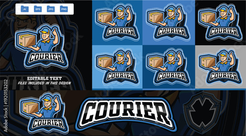 Professional courier mascot logo design in a blue uniform and cap holding a cardboard box and giving a thumbs-up. Smiling delivery worker with package, editable vector.