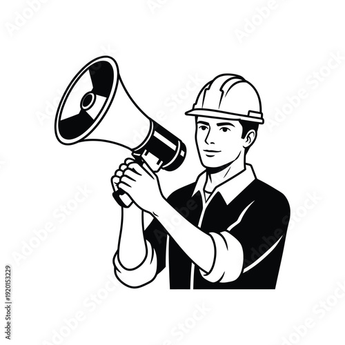 Construction worker with megaphone announcing