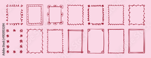 Wavy frame border pink romantic doodle hand drawn icon. Outline drawing curly frame line clipart symbol.