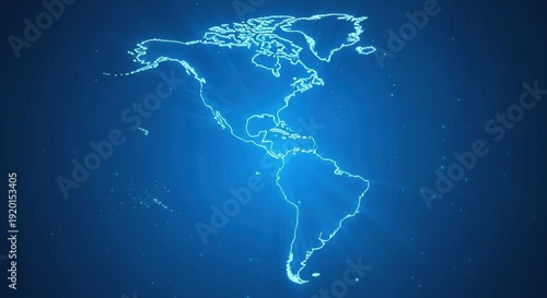 A glowing blue map of north and south america