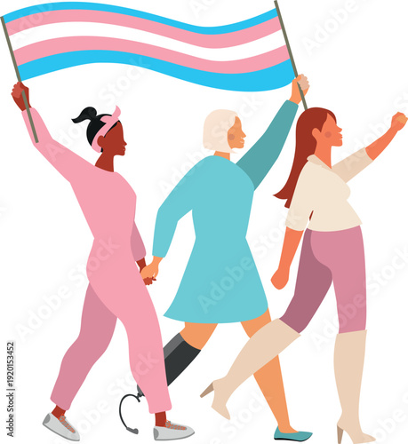 Multicolored-skinned girls on a white background. Woman with a prosthetic leg. Illustration for International Mother's Day, Women's Day, LGBT parade, or International Day of Persons with Disabilities.