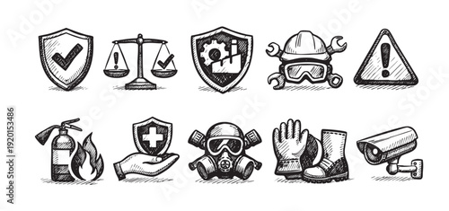 Black and white sketch illustration featuring various safety, security and industrial hazard icons. Ideal for illustrating risk management, workplace safety, and prevention.