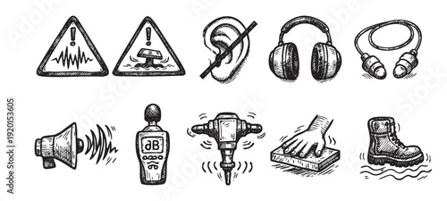 A sketch style illustration showing warning signs, sound meter, jackhammer, ear protection, and work boot. Ideal for construction safety campaigns or industrial hazard awareness.