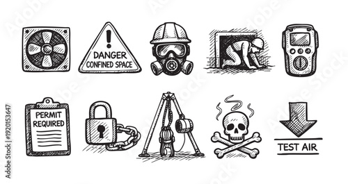 A collection of hand-drawn icons related to confined space entry safety. Features warnings, equipment, and procedures. Suitable for training materials, safety guides, and presentations.