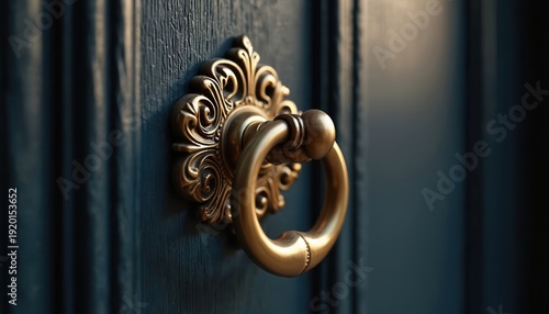 Ornate brass door knocker with intricate details on a dark blue wooden door. This classic hardware element offers a touch of vintage elegance and luxury for home exteriors.