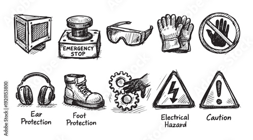 Hand-drawn sketch of industrial safety icons including lock, gloves, stop button, gears, eye protection, and warning signs, suitable for workplace safety materials.