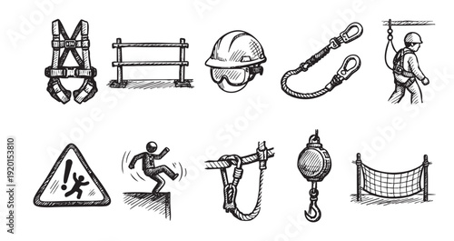 Line art sketch illustrations depicting fall protection equipment and hazard warnings for workers at heights. Use to illustrate safety training, infographics, and construction regulations.