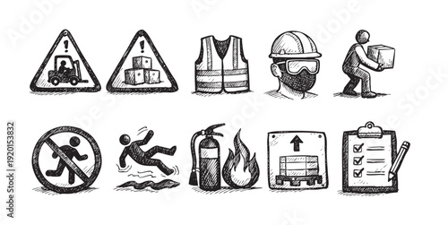 Hand drawn doodle style pictograms illustrating common workplace safety, hazards, and regulations. Isolated on white, suitable for construction, manufacturing or factory environments.