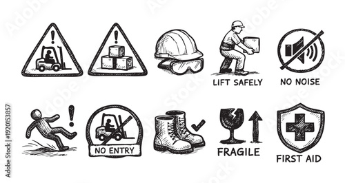 A collection of hand-drawn workplace safety signs and warnings including fragile, first aid, forklift, no noise, and personal protective equipment.