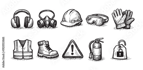 Hand drawn style illustration of personal protective equipment (PPE) for construction, including hard hat, gloves, and safety glasses. For safety regulations, posters, and hazard prevention themes.