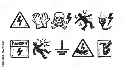 A collection of hand-drawn electrical safety icons. Features warning signs, protective equipment, and the dangers of electricity. Suitable for educational and safety materials.