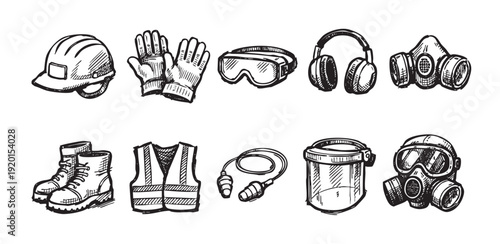 A set of sketched safety equipment: helmet, gloves, goggles, mask, vest, boots, earplugs, and face shield. Use for industrial safety training, construction, or hazard awareness.