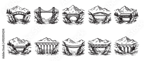 Ten different bridge illustrations in hand drawn style, isolated on white. Perfect for travel, architecture, or transportation related projects, logos, and design elements.