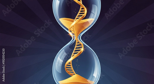 Dna helix inside hourglass with golden sand on dark background with rays symbolizing genetic time and biotechnology concept