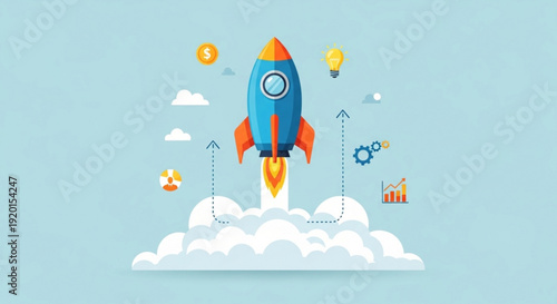 Rocket ship launching into the sky with clouds symbols and graphs representing business growth and success