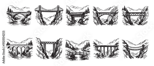 Hand-drawn vector illustration featuring various bridge designs spanning scenic rivers in mountain landscapes. Ideal for travel, architecture, engineering, and nature-themed projects.
