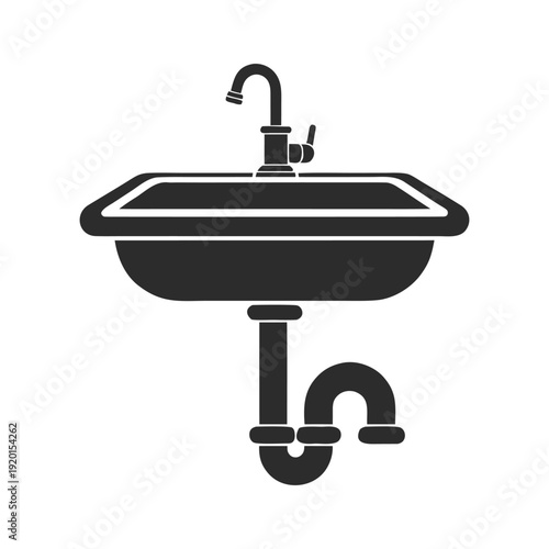 Black and white line of a sink with a faucet and plumbing pipes bathroom