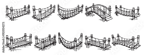 Collection of ten rope bridge designs in a simple, monochrome style. Can be used in games, adventure parks, or educational resources.