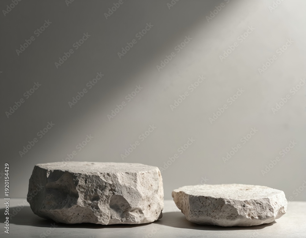 Fototapeta premium Minimalist stone podiums display product packaging, cosmetic items, or design concepts. Natural rock platforms with rough texture offer clean background for advertising or sale presentation.