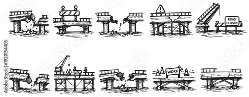 Hand-drawn illustration of bridge types: damaged, closed for repair, under construction. Ideal for infrastructure, engineering, traffic, and transportation related themes.
