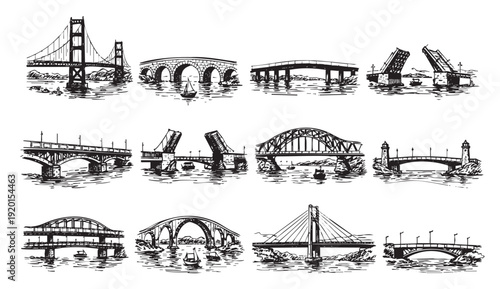 A set of twelve different bridges depicted in a black ink sketch style. Useful for architectural design, travel, or educational materials.