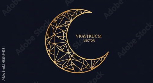 Golden crescent moon symbol with geometric pattern on dark background abstract lunar icon