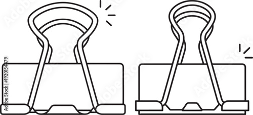 Black and white line art illustration of two binder clips, representing office supplies, organization, and stationery.