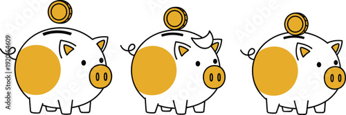 Piggy bank illustration set, coin saving design, unicorn pig artwork, financial motif, vector collection for money, savings, and investment themes