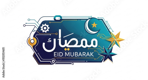 Eid mubarak greeting card with arabic calligraphy and crescent moon on blue background