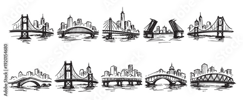Hand-drawn illustration of various bridges and city skylines in black and white. Vector drawing suitable for logos, icons, prints, or as a design element.