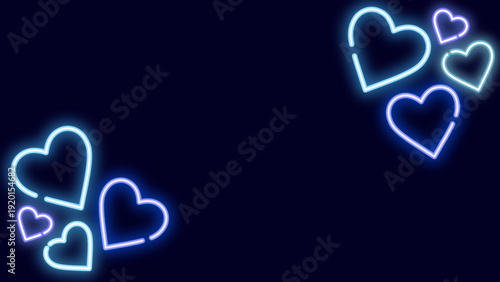 暗い紺のベタ背景に水色と青のネオンハートが対角に輝くシンプルでポップな16:9フレーム背景